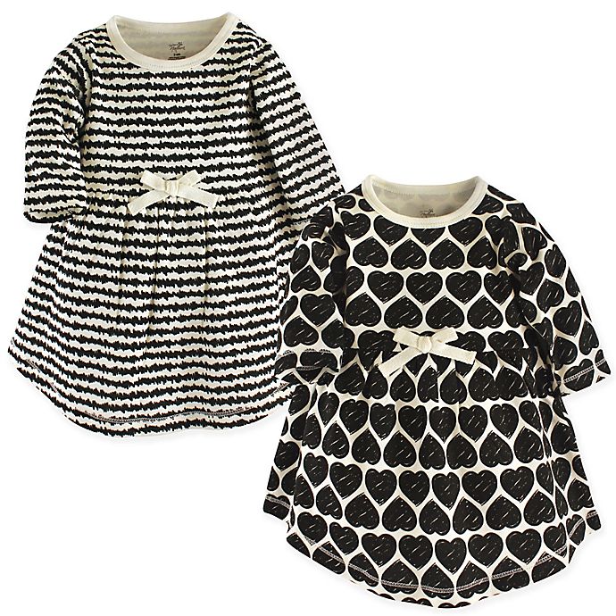 Touched by Nature 2-Pack Hearts Long Sleeve Organic Cotton Dresses in White/Black