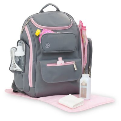 pink and gray diaper bag