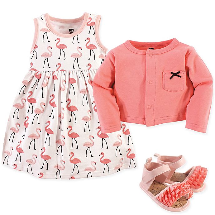 Hudson Baby® Flamingos 4-Piece Dress, Cardigan and Shoe Set in Pink