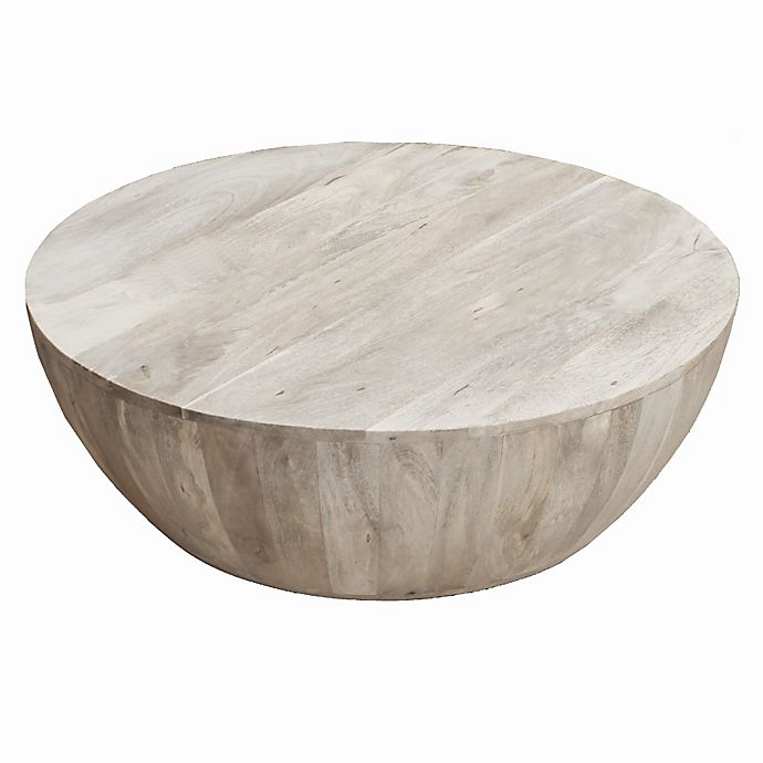 The Urban Port Round Wood Coffee Table, Gray Washed Decorative Carved Wood Coffee Table