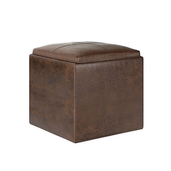 Simpli Home Rockwood Faux Leather Cube Storage Ottoman with Tray in Distressed Chestnut Brown