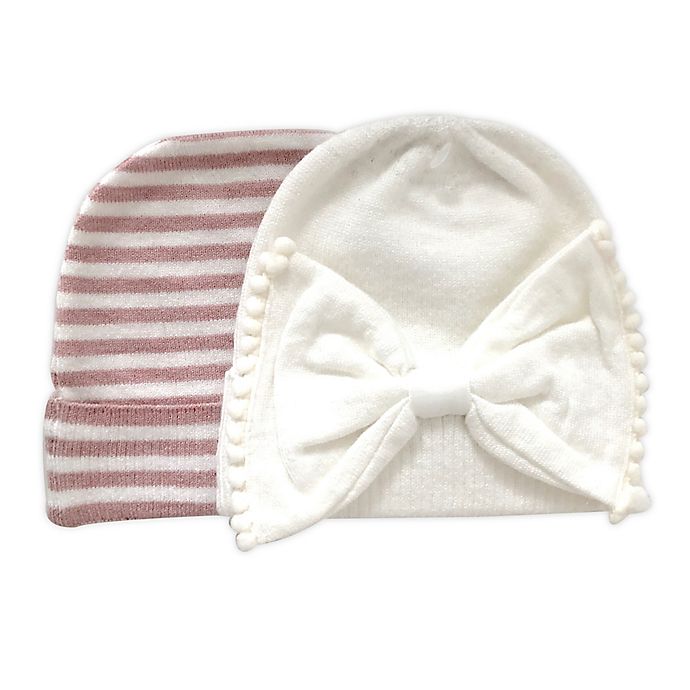 NYGB™ 2-Pack Trimmed Bow and Solid Knit Hats in Ivory/Pink