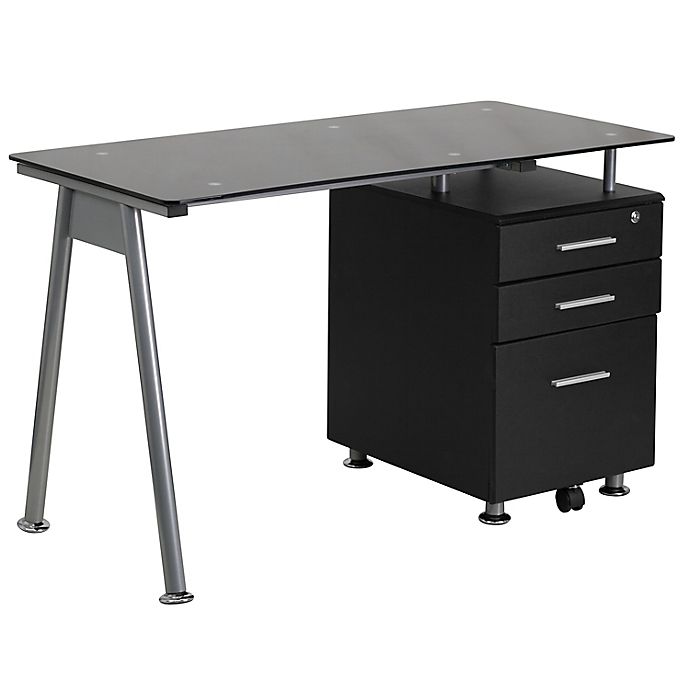 Flash Furniture Black Glass Computer Desk with 3-Drawer Pedestal