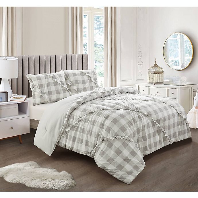 Checkered Ruffle 3-Piece Reversible Full Comforter Set in Grey/White
