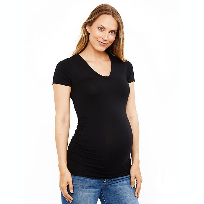 A Pea in the Pod Large Side Ruched V-Scoop Maternity T-Shirt in Black