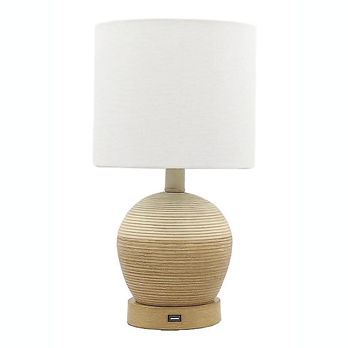 Designs Direct 14.5-Inch Carved Resin Table Lamp in Brown with USB and Fabric Shade