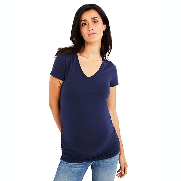A Pea in the Pod X-Small Side Ruched V-Scoop Maternity T-Shirt in Navy