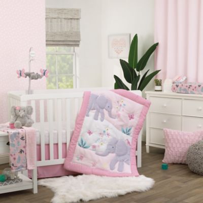 pink and grey elephant crib set