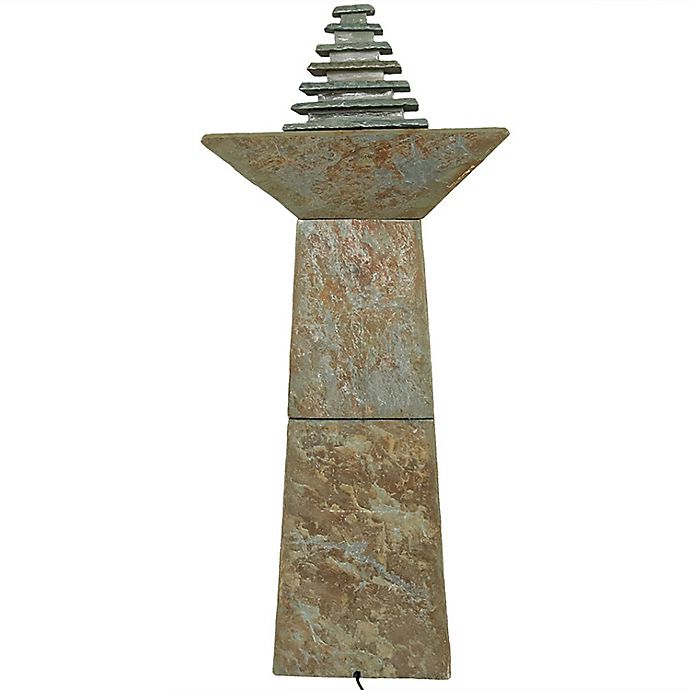 Sunnydaze Layered Slate Pyramid Outdoor Fountain in Grey with Pump and Light
