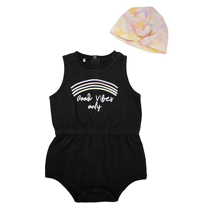 Mini Heroes™ 2-Piece Good Vibes Romper Set with Turban in Black