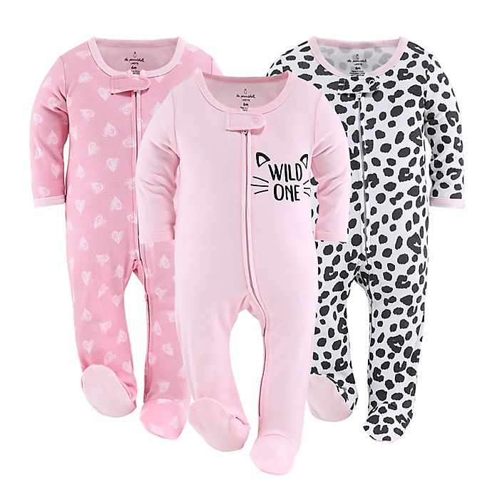 The Peanutshell™ Size 0-3M 3-Pack Cheetah Hearts Footed Pajamas in Black/White/Pink