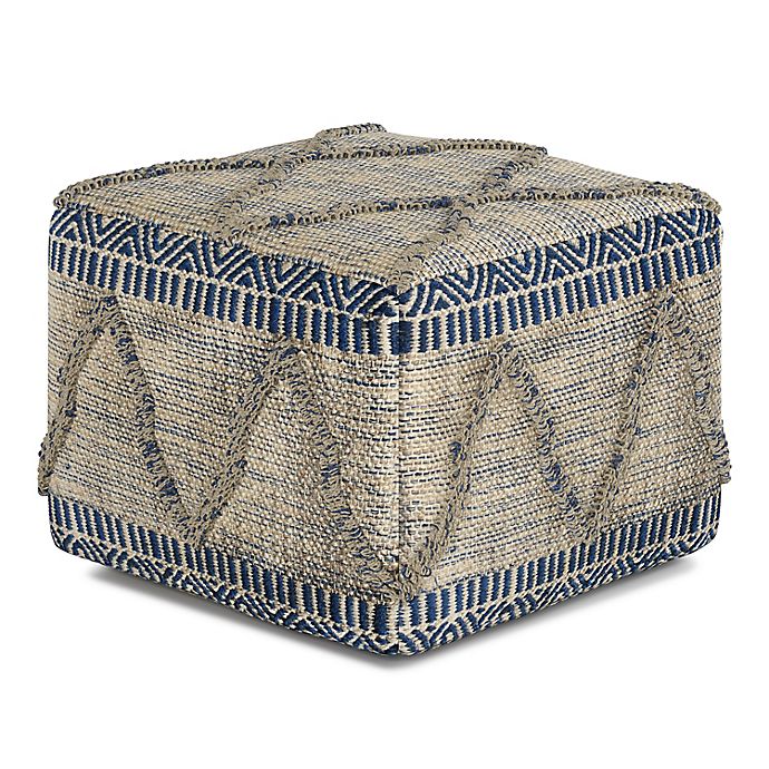 Simpli Home Sweeney Handloom Woven Pattern Square Pouf in Blue/Natural