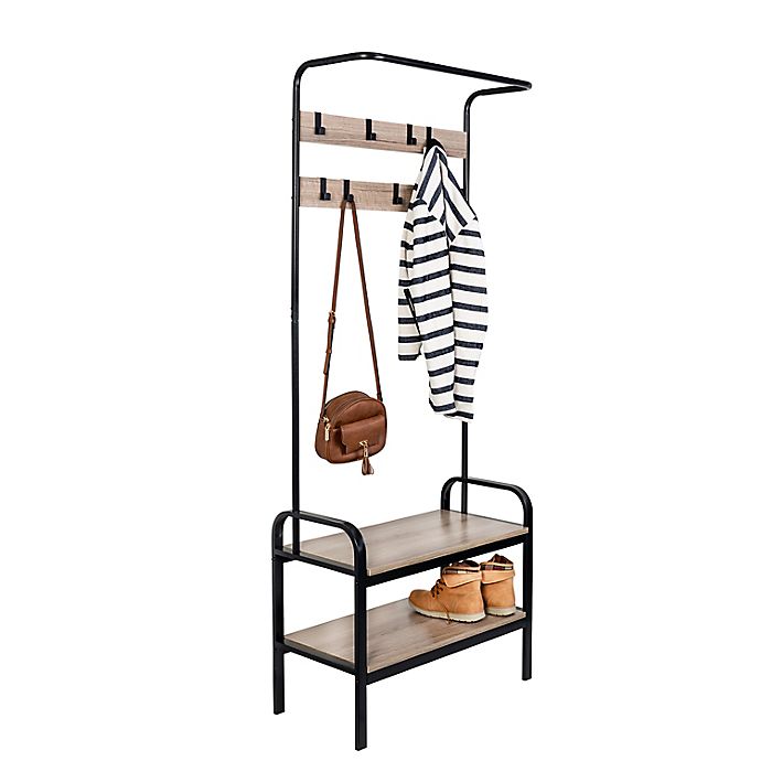 Honey-Can-Do® Entryway Organizer with Hooks and Shoe Storage in Wood/Black