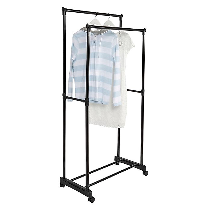 Dual Pole Garment Rack Adjustable Clothes Drying Hanging Bar Rolling Rail Holder 