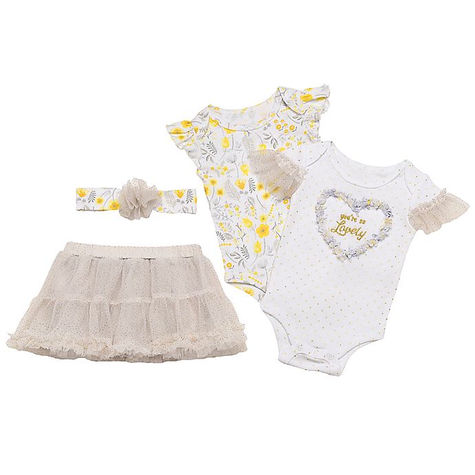 Baby Starters® 4-Piece Floral Heart Bodysuit, Tutu and Headband Set in Grey/White