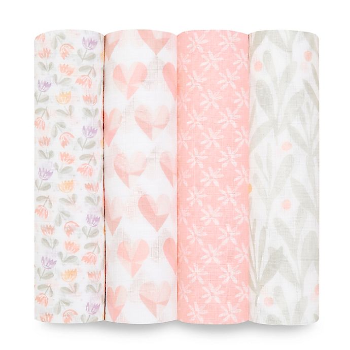 aden + anais essentials® 4-Pack Piece of Heart Cotton Muslin Swaddle Blankets in Pink