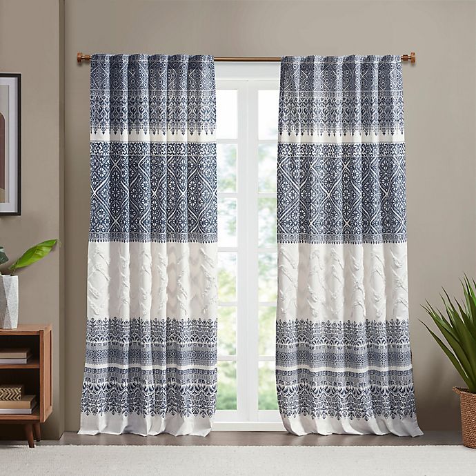 INK+IVY Mila 84-Inch Cotton Printed Window Curtain Panel with Chenille detail and Lining in Navy