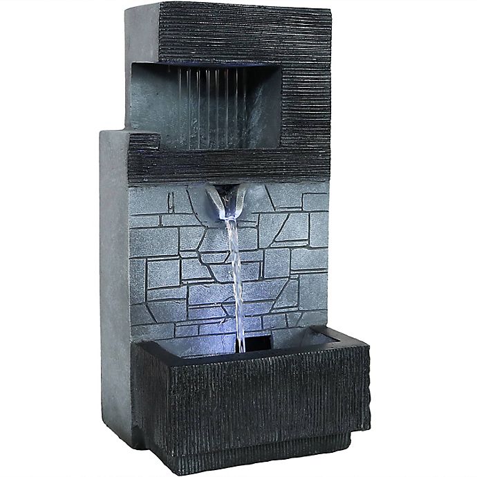 Sunnydaze Modern Tiered Brick Wall Tabletop Water Fountain with LED Light in Grey