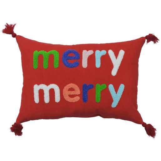 Merry Merry Oblong Christmas Throw Pillow in Red