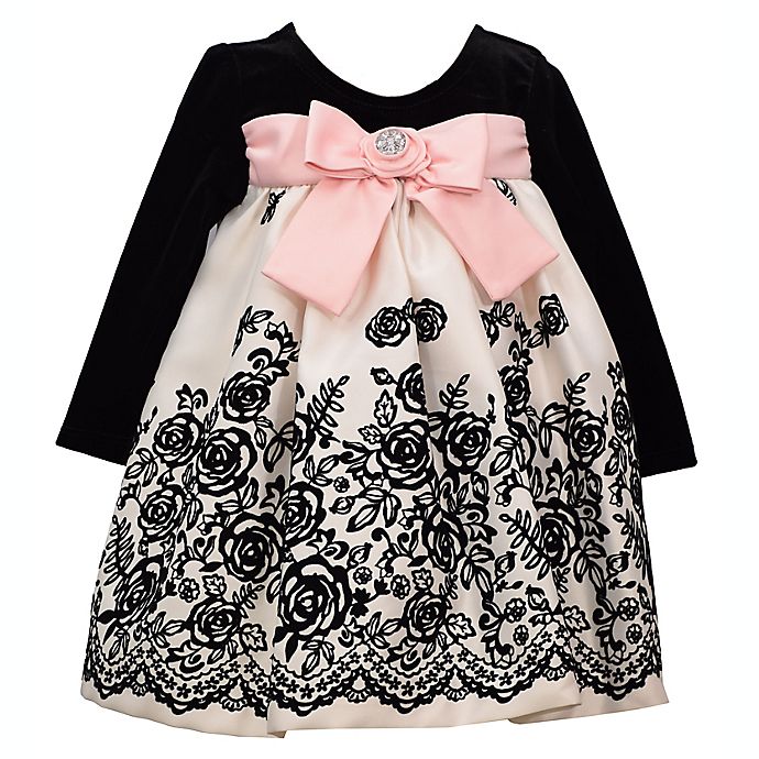Bonnie Baby Size 0-3M Velvet Flocked Dress with Bow in Black/Cream/Pink