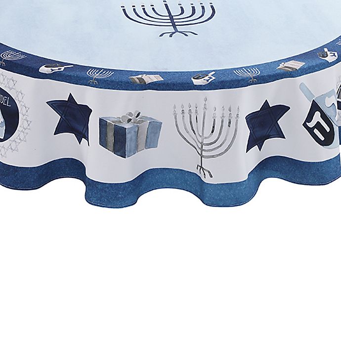 Laural Home Happy Hanukkah 70-Inch Round Tablecloth in White/Light Blue
