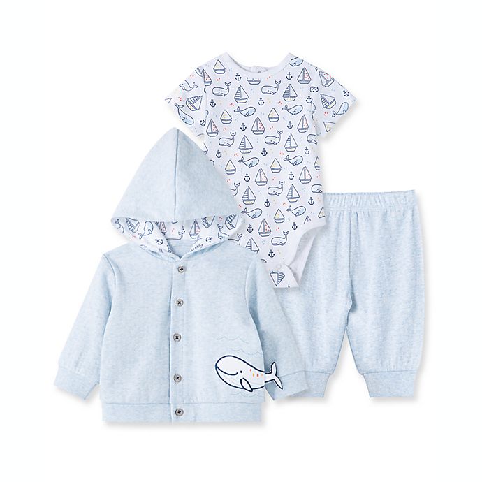 Little Me® 3-Piece Whale Hooded Cardigan, Bodysuit, and Pant Set in Blue