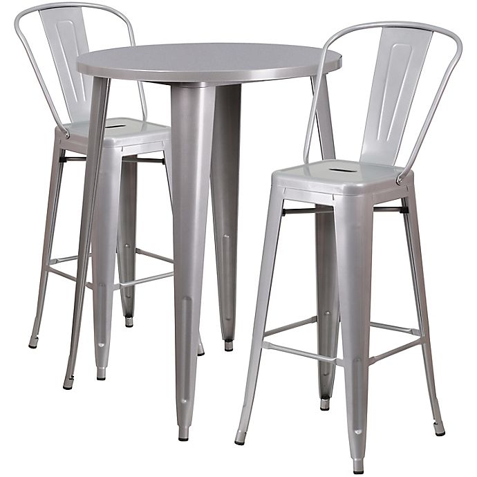 Flash Furniture 3-Piece 30-Inch Round Metal Bar Table and Bistro Stools Set in Silver