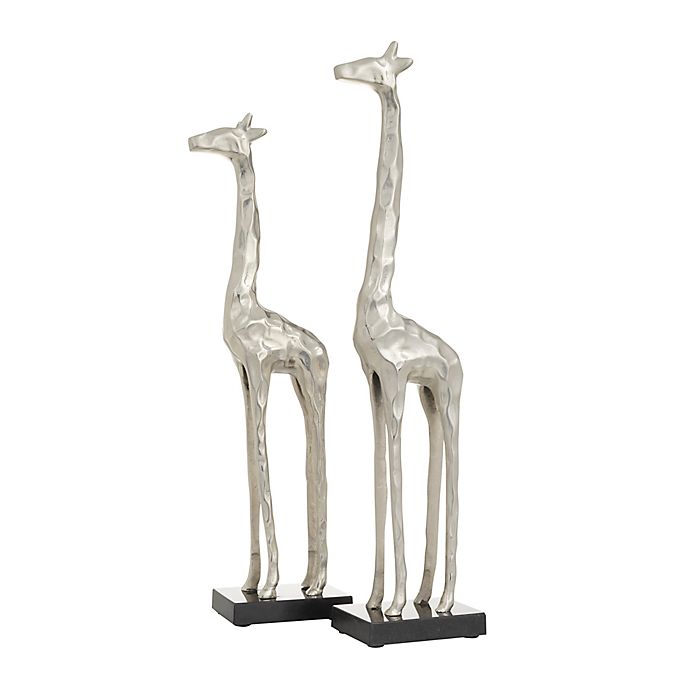 2 Modern Giraffe Figurines Antique Metallic Silver Sculptures Table Decor Accent 