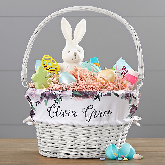 Colorful Floral Personalized Easter Basket with Folding Handle in White
