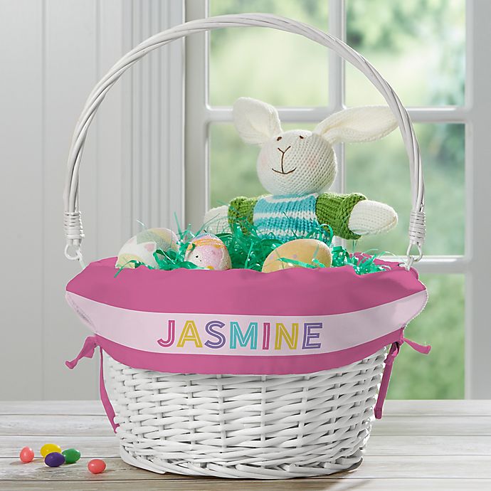 Girl's Colorful Name Personalized Easter Basket with Folding Handle in White