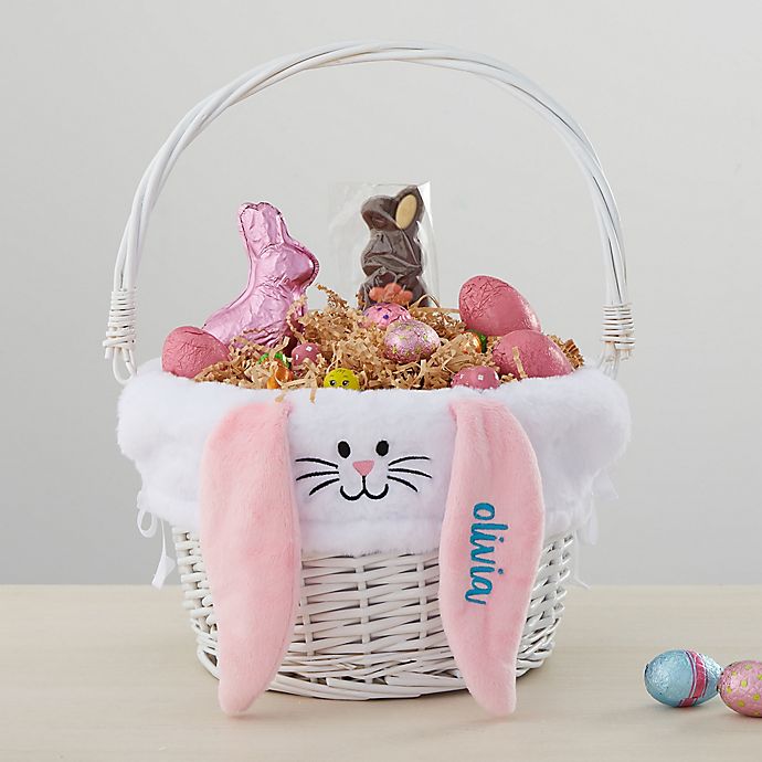 Personalized Bunny Easter Basket Liner & White Basket with Folding Handle