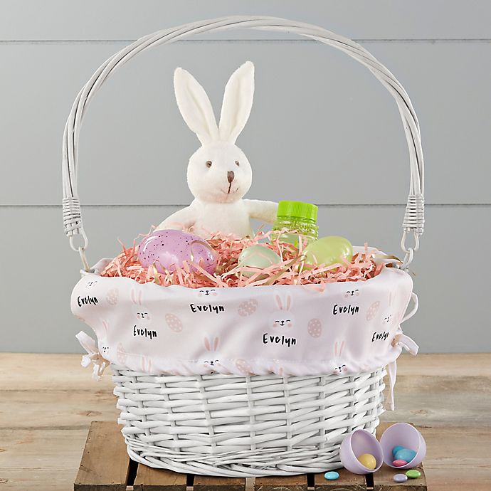 Bunny Treats Personalized Easter Basket with Folding Handle in White