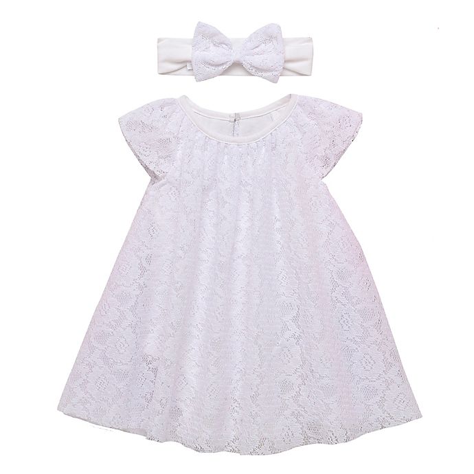 Baby Starters® 2-Piece Lace Trapeze Dress with Headband in White