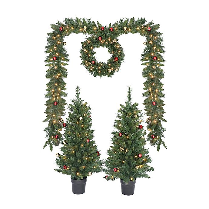 4-piece Pre-lit Outdoor Porch Set Warm White LED Potted Trees Garland & Wreath 