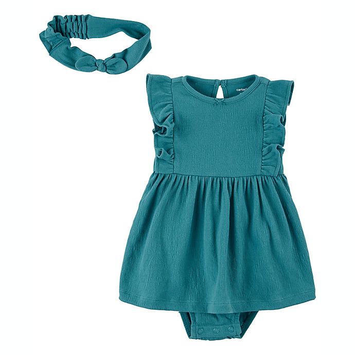 carter's® 2-Piece Gauze Denim Bodysuit Dress and Headwrap Set in Turquoise