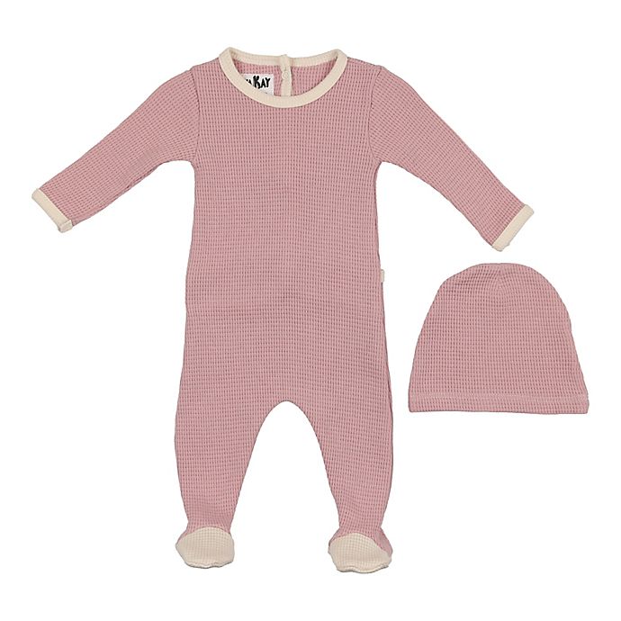 HannaKay, By Manière 2-Piece Waffle Knit Footie and Hat Set in Mauve