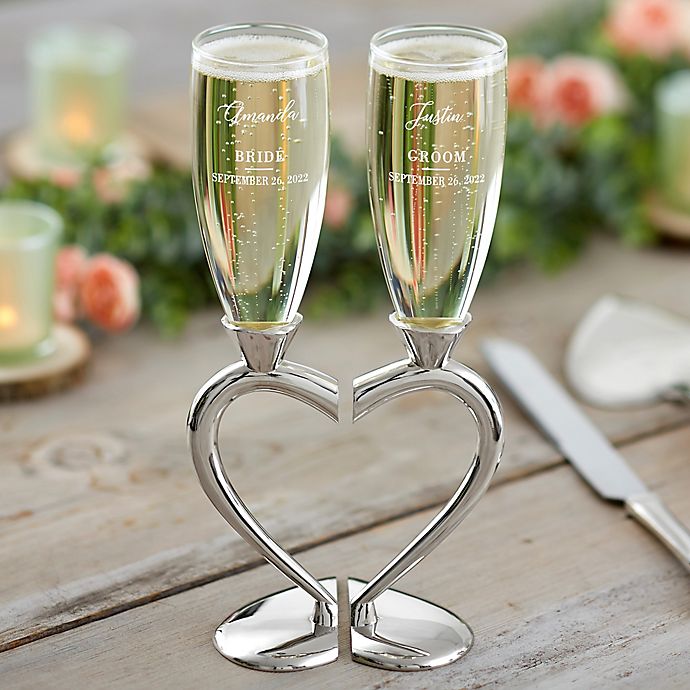 Champagne Toasting Flutes Wedding Accessories Silver Hearts Set of 2 