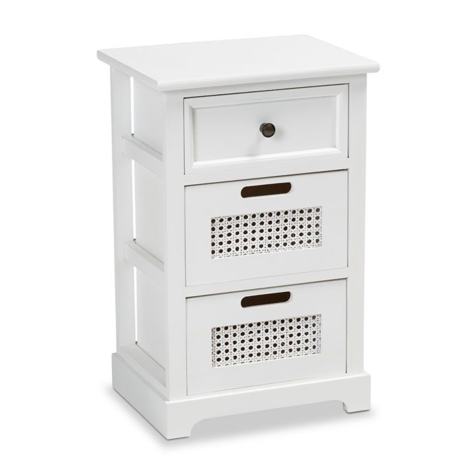 Baxton Studio Leandra Wood and Rattan 3Drawer Nightstand in White