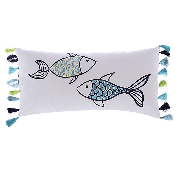 Levtex Home Embroidered Fish with Tassels Oblong Throw Pillow in Blue/White