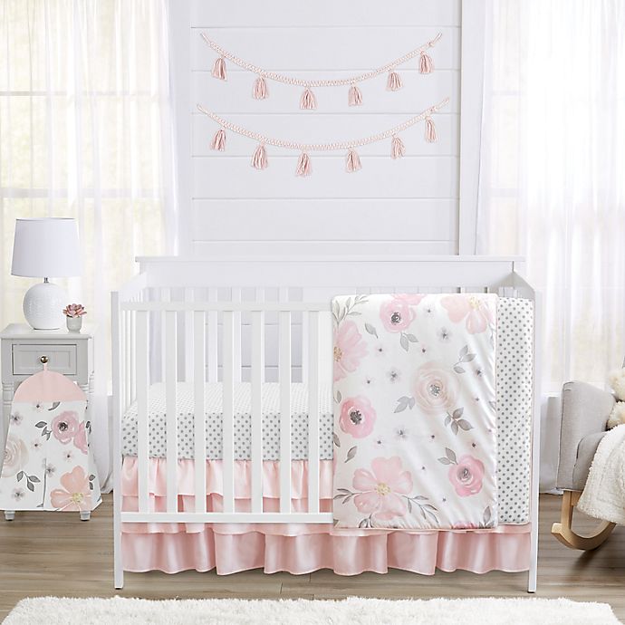 Sweet Jojo Designs® Watercolor Floral 4-Piece Crib Bedding Set in Pink/White