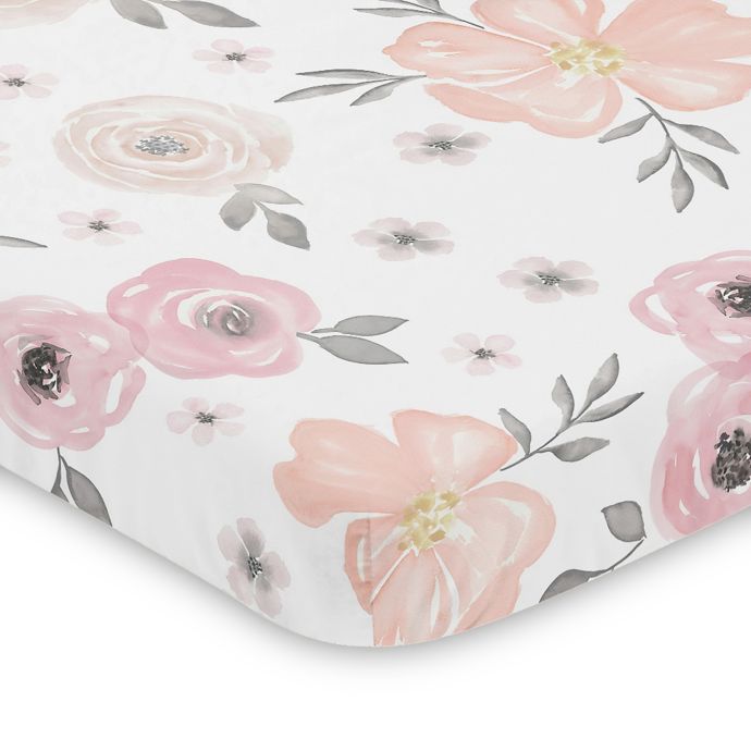 Lavender Purple Pink Grey Watercolor Floral Baby Fitted Mini Portable Crib Sheet 