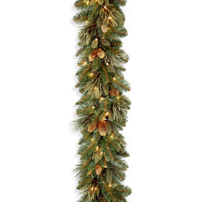 National Tree Company Carolina Pine Garland with 27 Flocked Pine Cones and 100 Clear Lights