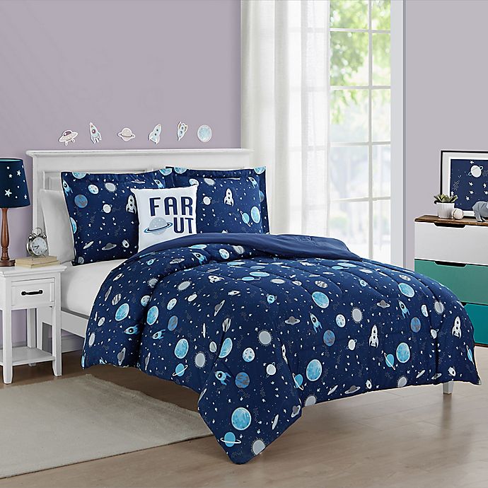 Twin Size Comforter Set Boys Girls Outer Space Theme Bedroom Blue Kids Bedding 