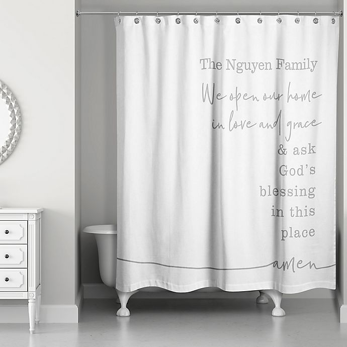 Blessing Shower Curtain In Grey, Farmhouse Blue And White Shower Curtain