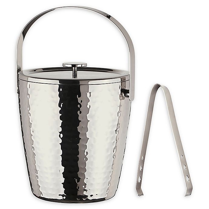 Hammered Aluminum Ice Bucket with Tongs and embossed drink recipes on lid Forman Family
