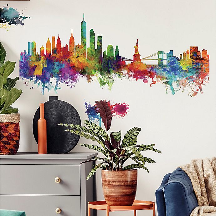 Roommates New York City Watercolor Skyline L Stick Giant Wall Decals Bed Bath Beyond - City Skyline Wall Sticker
