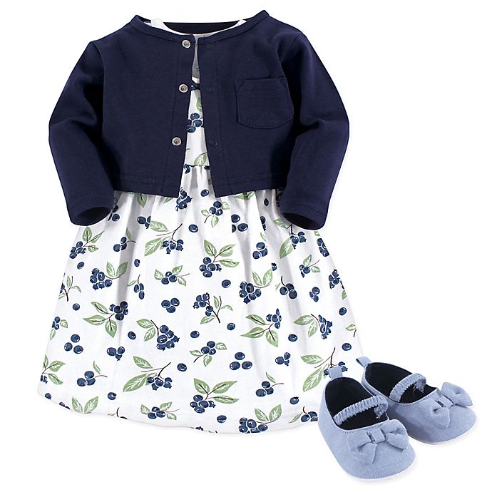 Hudson Baby® 3-Piece Blueberries Dress, Cardigan, and Shoe Set in Blue