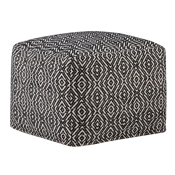 Simpli Home Graham Cotton Square Pouf in Patterned Black/Natural