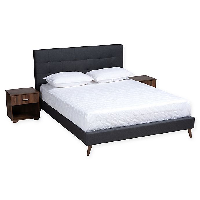 Baxton Studio® Linden Full Upholstered Platform Bed with 2 Nightstands in Charcoal/Walnut