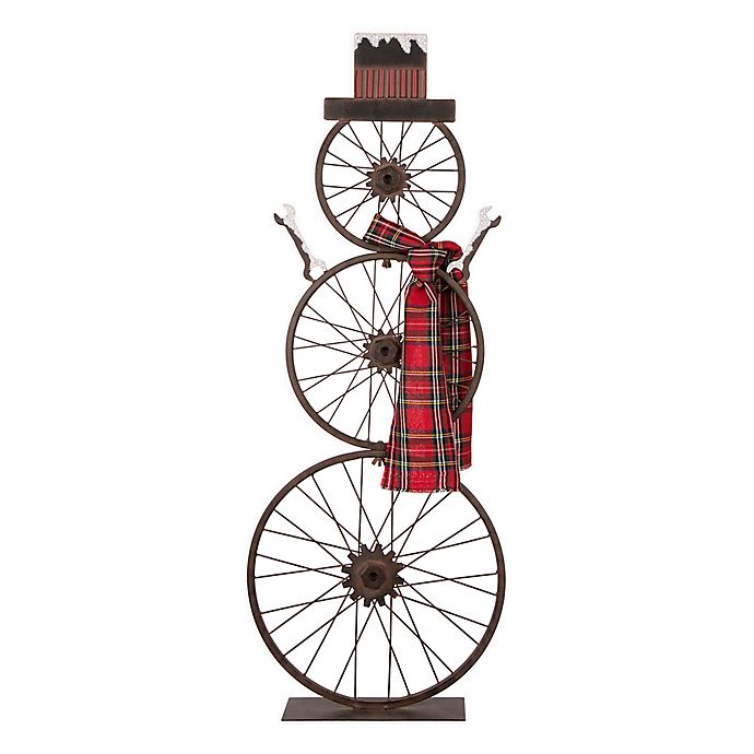 Glitzhome Bike Wheel Snowman 33.98-Inch Indoor/Outdoor Holiday Decoration in Black